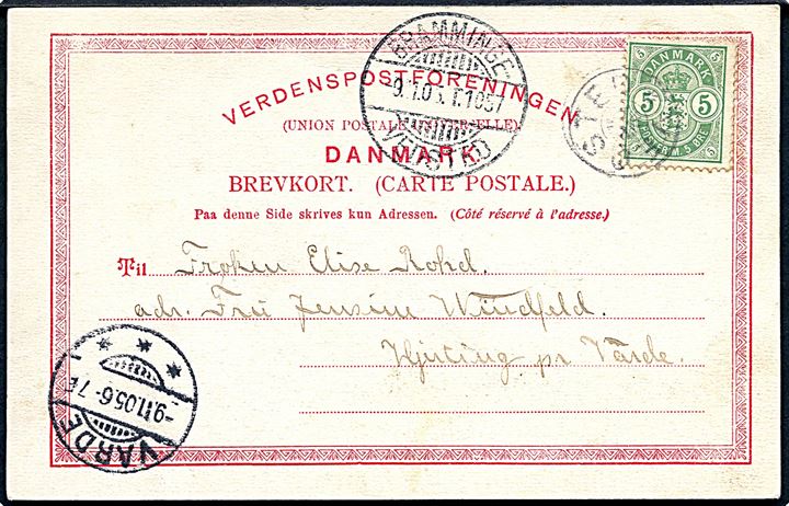 5 øre Våben på brevkort annulleret med stjernestempel VEDSTED og sidestemplet bureau Bramminge - Vedsted T.1057 d. 9.11.1905 til Hjerting pr. Varde.