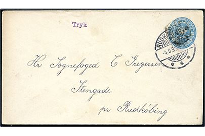 4 øre helsagskuvert sendt som tryksag annulleret med stjernestempel TULLEBØLLE og sidestemplet Rudkjøbing d. 4.9.1895 til Rudkjøbing.