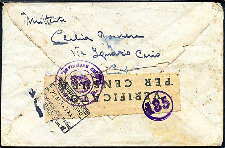 25 c. i parstykke på brev fra Capri 1943 til soldat i II° Corpo d'Armata, POSTA MILITARE 20. Retur med stempel Al Mittenti. Feltpostkontoret Posta Militare 20 var tilknyttet de italienske styrker på østfronten og opstillet i Gomel.