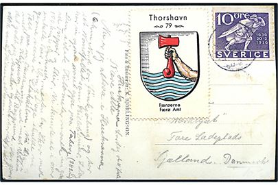Svensk 10 öre Postjubilæum og mærkat Thorshavn, Færøerne, Færø Amt dateret Huskvana og annulleret med utydeligt svensk stempel i 1930'erne til Faxe Ladeplads, Danmark.