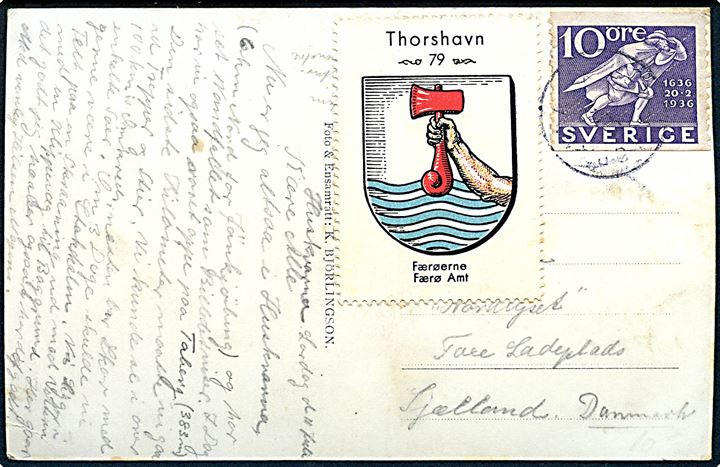 Svensk 10 öre Postjubilæum og mærkat Thorshavn, Færøerne, Færø Amt dateret Huskvana og annulleret med utydeligt svensk stempel i 1930'erne til Faxe Ladeplads, Danmark.