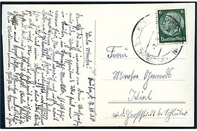 6 pfg. Hindenburg på brevkort dateret Ceuta d. 7.3.1938 og annulleret med marinepost stempel Deutsche Marine-Schiffspost * Nr. 29 * d. 7.3.1938 til Kiel, Tyskland. Sendt fra krydseren Admiral Scheer som var del af det 12. Spanienverband (12.2.-29.6.1938).