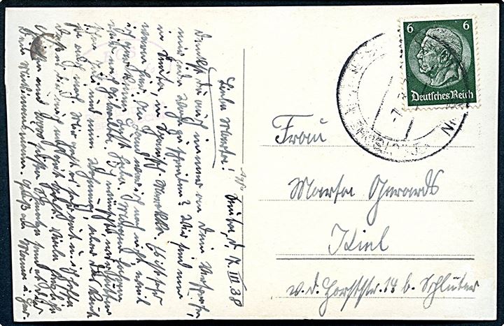 6 pfg. Hindenburg på brevkort dateret Ceuta d. 7.3.1938 og annulleret med marinepost stempel Deutsche Marine-Schiffspost * Nr. 29 * d. 7.3.1938 til Kiel, Tyskland. Sendt fra krydseren Admiral Scheer som var del af det 12. Spanienverband (12.2.-29.6.1938).