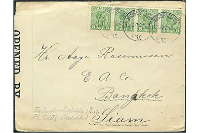 5 øre Chr. X i vandret 4-stribe på brev fra Kjøbenhavn V. d. 11.1.1917 til Bangkok, Siam. Ank.stemplet Bangkok d. 3.3.1917. Åbnet af britisk censur no. 4596. 