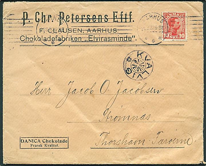 10 øre Chr. X på tryksag fra Aarhus d. 21.8.1920 til Strømnæs pr. Thorshavn, Færøerne. Ank.stemplet med tydeligt stjernestempel KVALVIG.