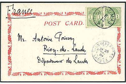 1 cent Våben i vandret parstykke på brevkort (Main Street, St. Thomas) fra St. Thomas d. 8.12.1904 til Rion-des-Landes, Frankrig.