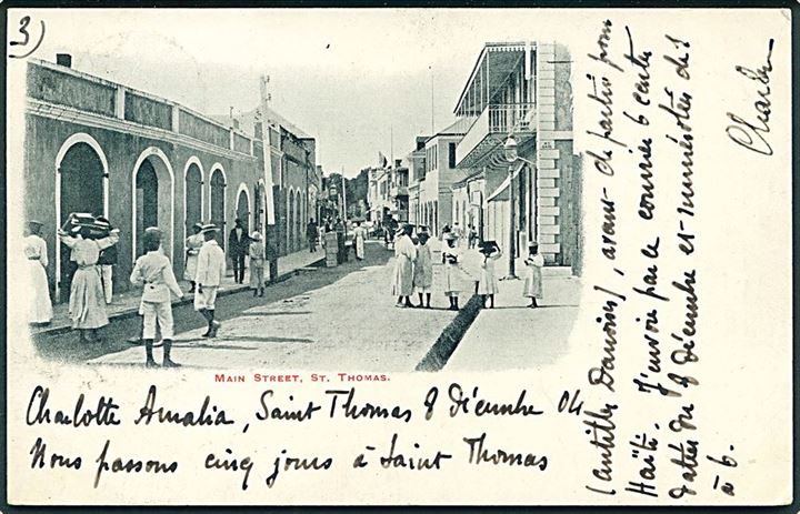 1 cent Våben i vandret parstykke på brevkort (Main Street, St. Thomas) fra St. Thomas d. 8.12.1904 til Rion-des-Landes, Frankrig.
