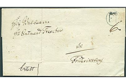 1828. Francobrev med sort fodpoststempel “FP” mærket “Betalt” til Amtmand Treschow til Frederiksborg. Herman G. Treschow var Amtmand for Frederiksborg i perioden 1825-1836. Brevet indvendigt noteret “1828”.