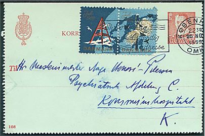 20 øre Fr. IX helsags korrespondancekort (fabr. 108) med Julemærke 1959 i pastykke sendt lokalt i København d. 26.11.1959. Lille rift på bagsiden.