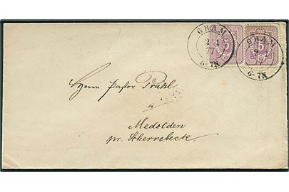 5 pfg. Ciffer (2) på brev annulleret med toringsstempel Gram d. 2.1.1877 til Medolden pr. Scherrebeck.