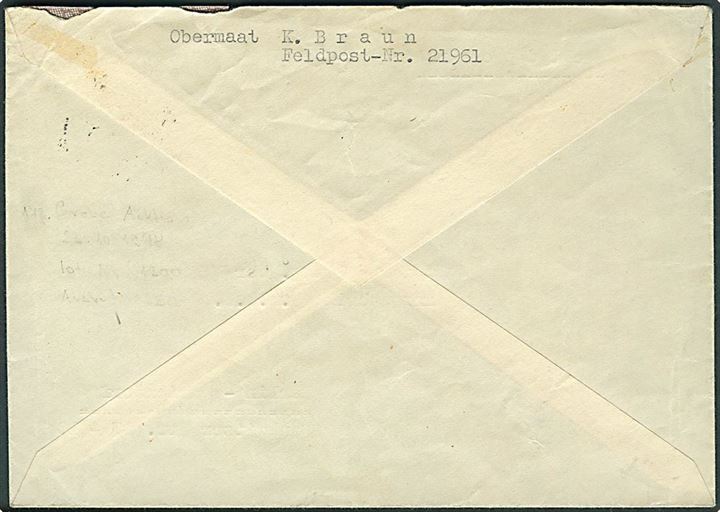 Feltpostbrev med V-Viktoria mærke annulleret med Feldpost d. 18.12.1941 til Berlin-Mariendorf, Tyskland. Briefstempel fra feldpost-nr. 21961 = Zweigstelle d. 2. Admirals der Ostsee i Oslo, Norge.