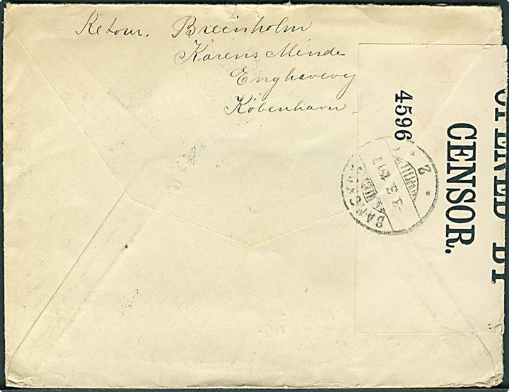5 øre Chr. X i vandret 4-stribe på brev fra Kjøbenhavn V. d. 11.1.1917 til Bangkok, Siam. Ank.stemplet Bangkok d. 3.3.1917. Åbnet af britisk censur no. 4596. 