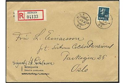 60 øre Løve på anbefalet brev fra Bergen d. 24.5.1938 til Oslo.