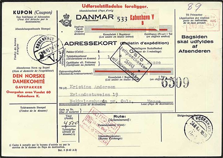 240 øre blanket-maskin frankostempel på adressekort for pakke fra Den Norske Damekomité i København d. 21.8.1943 til Bekkelagshøgda, Norge.