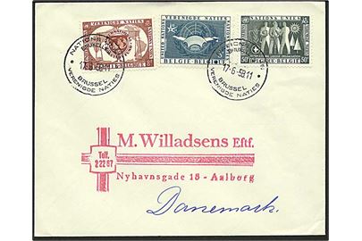 50 c., 3 f. og 8 f. FN udg. på brev annulleret med FN-særstempel Bruxelles d. 17.6.1958 til Aalborg.
