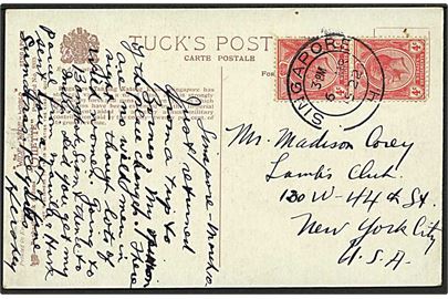 4c George V i parstykke på brevkort fra Singapore d. 6.3.1922 til New York, USA.