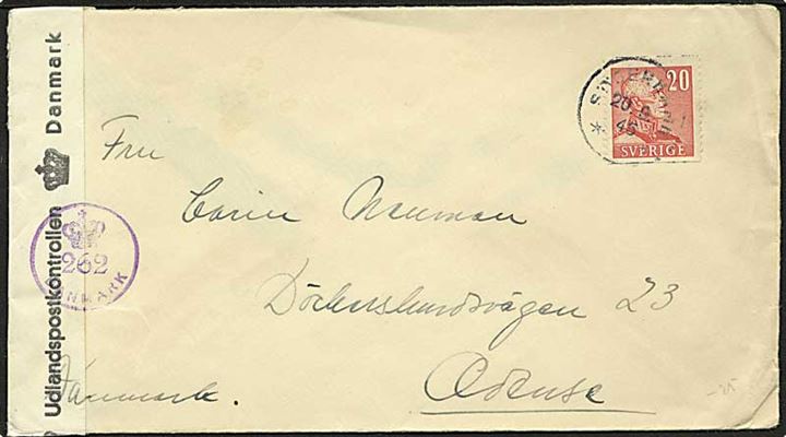 20 öre Gustaf på brev fra Söderhamn d. 20.9.1945 til Odense, Danmark. Åbnet af dansk efterkrigscensur med stempel (krone)/262/Danmark.
