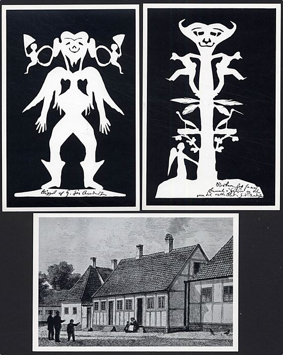 6 postkort. H. C. Andersens Barndomshjem i Odense samt 5 Silhouet af eventyr med inskription. Serie 2. 