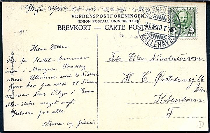 Parti fra Møen. Stege Havn med Havneslottet. C. M. Nielsen no. 328. Frankeret med 5 øre Fr. VIII annulleret med bureaustempel Masnedsund - Kallehave T.6 d. 31.5.1910.