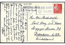 15 øre Karavel med perfin B (Firma W. Bjarnø & Co.)  på brevkort (København. Allégade med Smallegade og Sporvogn no. 39) fra København d. 18.8.1927 til Dresden, Tyskland.