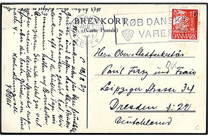 15 øre Karavel med perfin B (Firma W. Bjarnø & Co.)  på brevkort (København. Allégade med Smallegade og Sporvogn no. 39) fra København d. 18.8.1927 til Dresden, Tyskland.