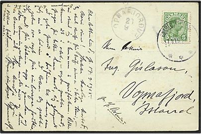 5 øre Chr. X på brevkort fra Charlottenlund d. 17.9.1915 til Vopnafjord, Island. Ank.stemplet Vopnafjordur d. 28.9.1915. Påskrevet: pr. S/S Botnia.
