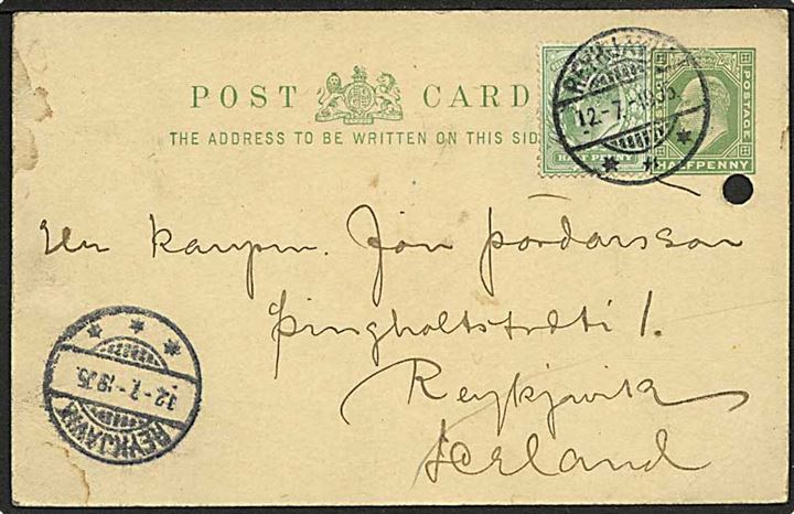 Engelsk ½d Edward helsagsbrevkort opfrankeret med ½d Edward VII fra Leith d. 5.7.1905 annulleret med islandsk stempel Reykjavik d. 12.7.1905 til Reykjavik, Island. Arkivhul.