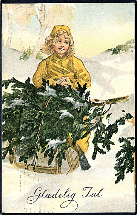 Glædelig Jul. Pige i gult overtøj med juletræ på kælken. Paul Heckscher u/no. 