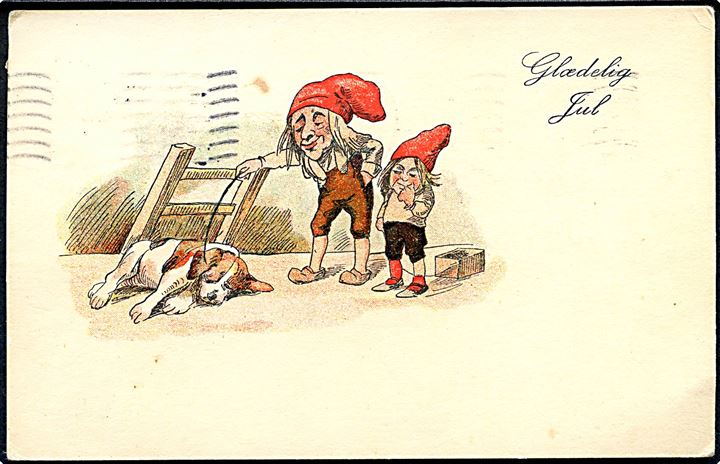 Juul Møller: Glædelig Jul. Nisse driller sovende hund. Stenders, serie 324. 