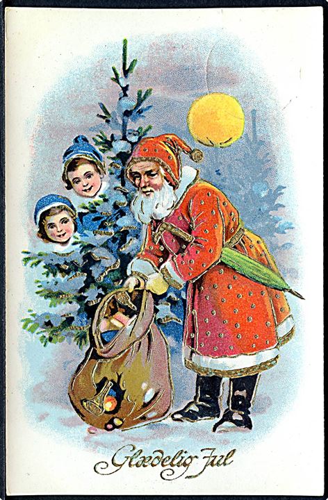 Glædelig Jul. Julemanden iført rød kåbe. Børn lurer bag træet. Guldtryk & Prægekort. No. 3405. 