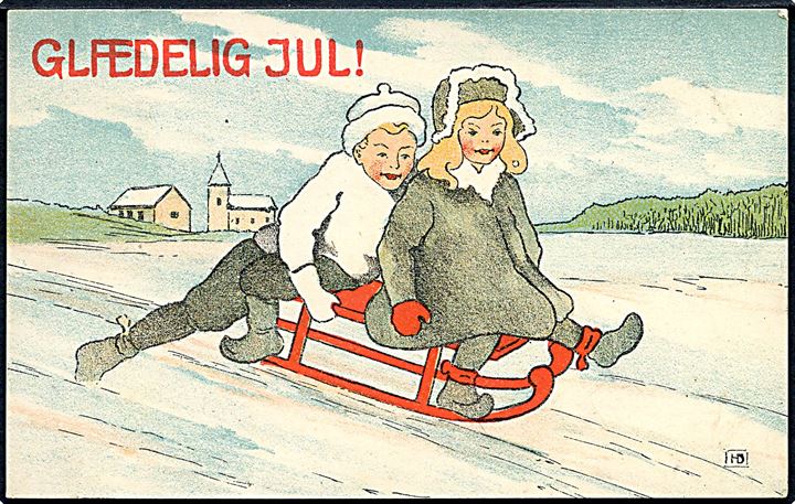 HD: Glædelig Jul. Pige og dreng på kælk. B. B. u/no. 
