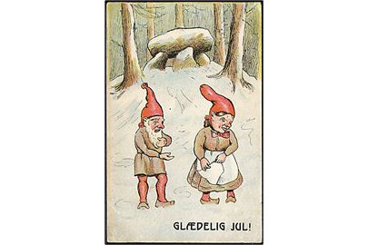Ludvig Møgelgaard: Glædelig Jul. Nisse gemmer noget i forklædet, som den anden nisse vil have. Serie 105, no. 12. 