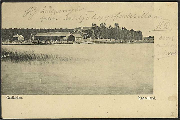 Ufrankeret brevkort med motiv fra Uusikirkko, Kanneljärvi med sort stempel S.S. Basar (skibsstempel) til Eneby, Kantorp.