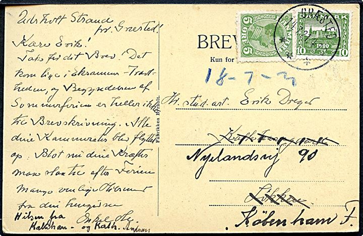 Parti ved Smidstrup. U/no. Frankeret med 5 øre Chr. X og 10 øre Genforening annulleret med brotype IIIb Græsted d. 14.7.1921 til Løkken - eftersendt til København.