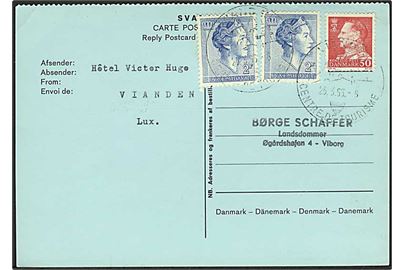 50 øre Fr. IX og Luxembourg 2 fr. (2) på på svarbrevkort stemplet Vianden d. 26.3.1966 til Viborg, Danmark.