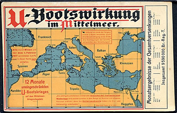 U-bootswirkung im Mittelmeer. Skibe sænket af tyske ubåde i Middelhavet. Propagandakort anvendt som feltpost fra Danzig d. 24.10.1918.