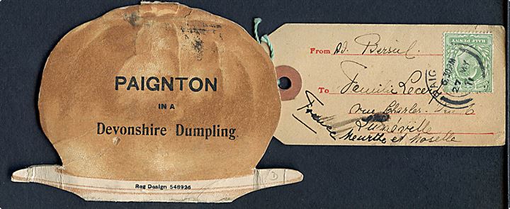 Paignton in a Devonshire Dumpling med prospekter og manila-mærke frankeret med ½d Edward VII stemplet Paignton d. 27.5.1911 til Frankrig.