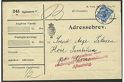 20 øre Chr. X single på adressebrev fra Kjøbenhavn d. 4.6.1917 til Høve Sanatorium pr. Asnæs. Stemplet: Dette Adressebrev maa medbringes ved Forsendelsens Afhentning.