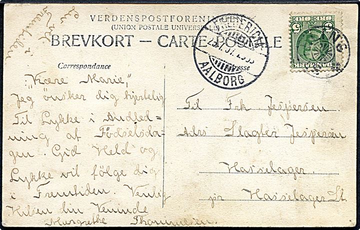 5 øre Fr. VIII på brevkort annulleret med stjernestempel STILLING og sidestemplet bureau Fredericia - Aalborg d. 25.7.1907 til Hasselager.