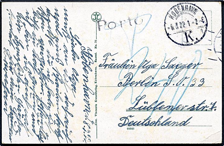 Ufrankeret brevkort fra København d. 9.3.1922 til Berlin, Tyskland. Sort stempel PORTO og udtakseret i 240 pfg. tysk infla porto.