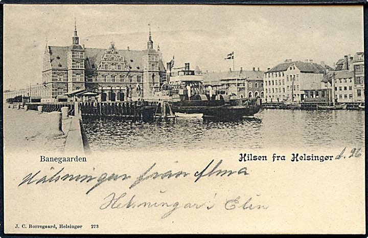 5 øre Våben på brevkort (Helsingør havn med dampfærge) annulleret med svensk bureaustempel PKXP No. 32 (= Helsingborg - Hässleholm) d. 26.9.1902 og sidestemplet Från Danmark til Furulunds Station, Sverige.