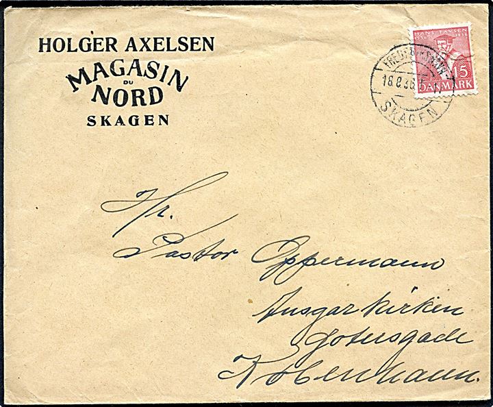 15 øre Tavsen (folder) på firmakuvert fra Magasin du Nord i Skagen annulleret med bureaustempel Frederikshavn - Skagen T. 11 d. 18.8.1936 til København.