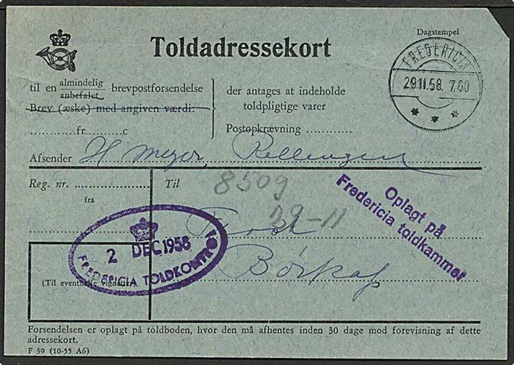 Toldadressekort - formular F39 (10-55 A6) stemplet Fredericia d. 29.11.1958 til Børkop.