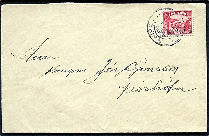 20 aur Gullfoss på brev annulleret med uldent skibsstempel Reykjavik Skip No. 1 1935 til Thorshöfn.
