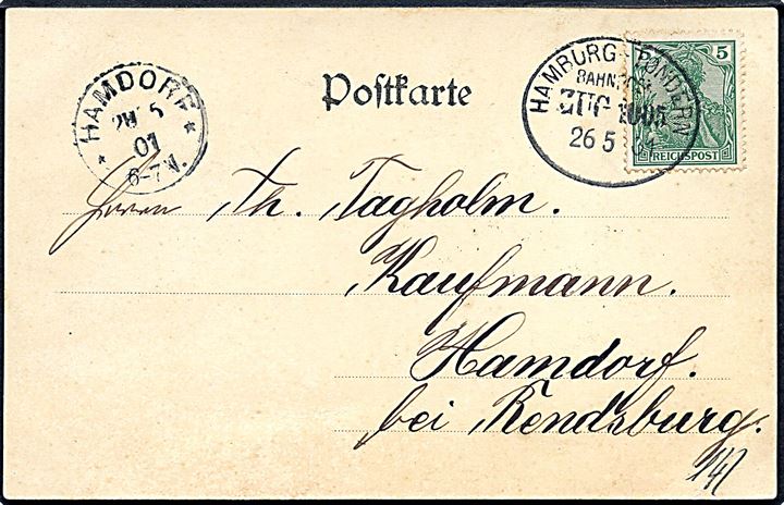 5 pfg. Germania på brevkort fra Marne annulleret med bureaustempel Hamburg - Tondern Bahnpost Zug 1005 d. 26.5.1901 til Hamdorf.