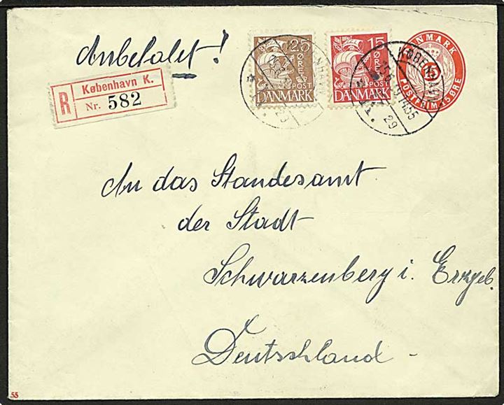 15 øre helsagskuvert (fabr. 55) opfrankeret med 15 øre og 25 øre Karavel sendt anbefalet fra København d. 15.6.1939 til Schwarzenberg, Tyskland.