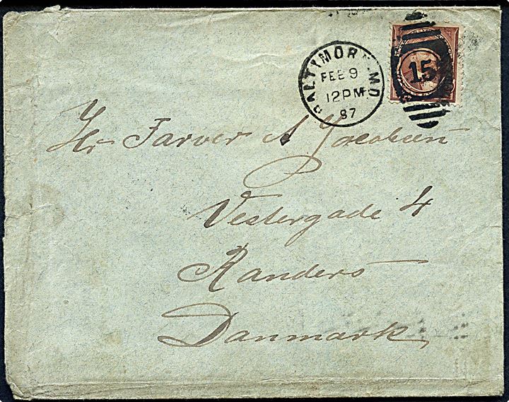 5 cents Grant på brev fra Baltimore d. 9.2.1897 via New York til Randers, Danmark. ank.stemplet d. 20.2.1897.