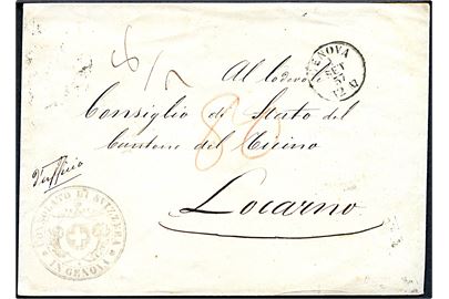 Ufrankeret brev fra det schweiziske konsulat i Genova d. 1.9.1857 til Locarno, Schwiz. Flere portopåtegninger. 
