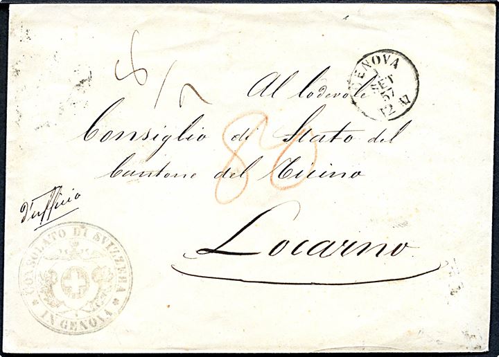 Ufrankeret brev fra det schweiziske konsulat i Genova d. 1.9.1857 til Locarno, Schwiz. Flere portopåtegninger. 