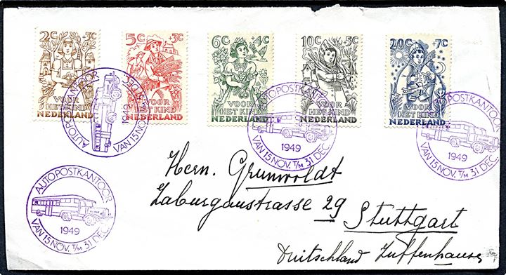 Komplet sæt Børneforsorg på brev annulleret med særstempel Autopostkantoor 1949 til Stuttgart, Tyskland.